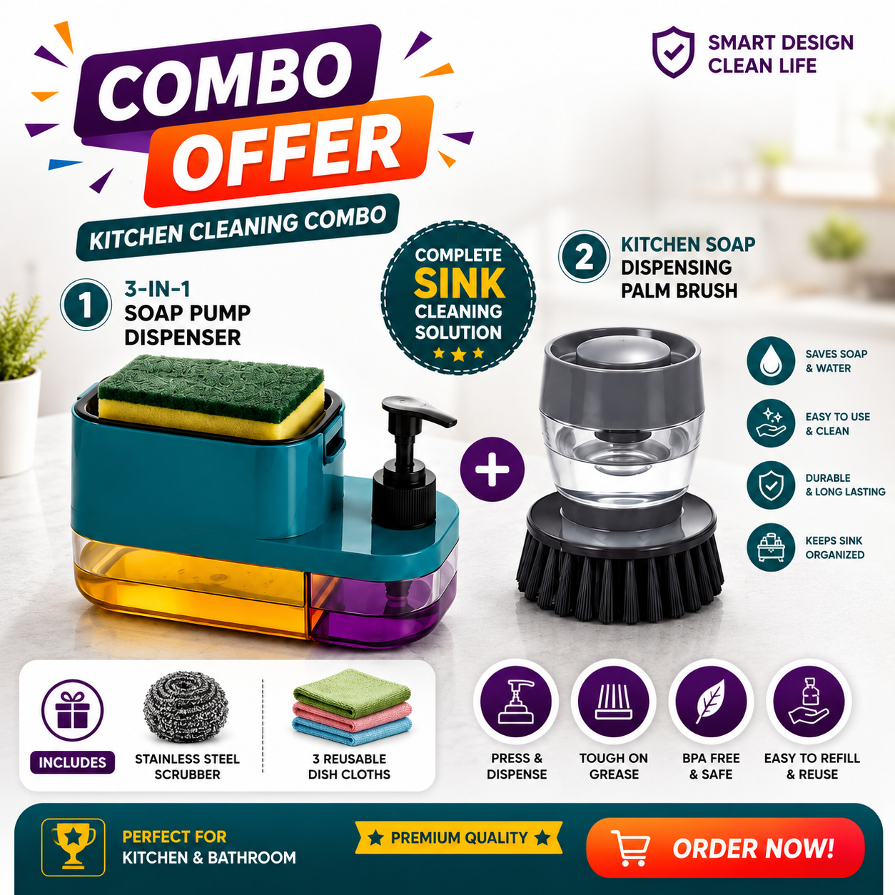Kitchen Cleaning Combo – 3-in-1 Soap Dispenser + Soap Dispensing Palm Brush | Complete Sink Cleaning Kit