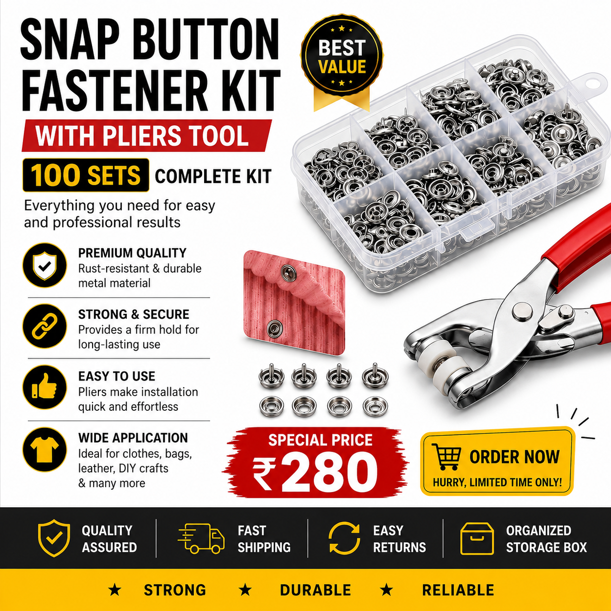 100-Set Snap Button Fastener Kit with Pliers | Stainless Steel Press Studs for Clothes, Leather, Bags & DIY Crafts